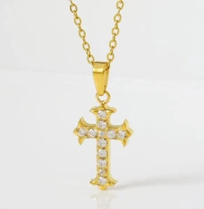 Gold Cross Necklace • Stainless Steel • Zircon • 45cm Chain • Holiday Gift Box - Picture 1 of 4