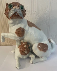 Dresden Carl Thieme Large Model Group Of A Pug Mother Nursing Young Pup A6422T - Picture 1 of 24
