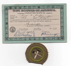 Handicraft Merit Badge, Type C Tan Narrow Crimped w/ Issued (1944) Card - Picture 1 of 1