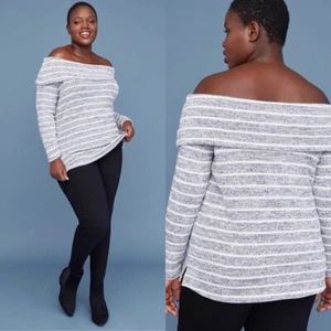 Neu mit Etikett Lane Bryant grau weiß gestreift schulterfrei LS Pullover Sweater - 26/28 - Bild 1 von 8