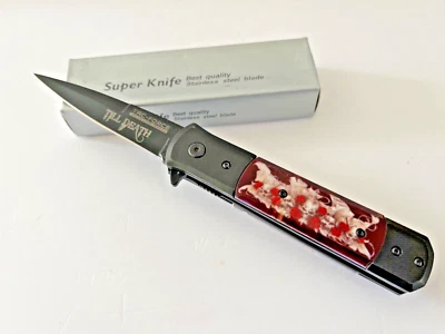 Cuchillo Plegable Stiletto Italiano 8.25" Asistido por Resorte Abierto Hasta la Hoja de la Muerte Grabado Foto 1 de 4