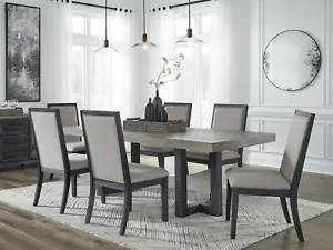 NEW Modern Black & Gray Rectangular Dining Table & 6 Gray Fabric Chairs Set IC0G - Picture 1 of 4