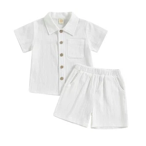 Baby Boy Cotton Linen Shorts Set Solid Color Short Sleeve Button Down T-shirt... - Picture 1 of 6
