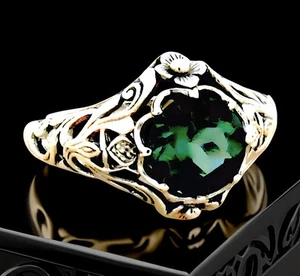 SCOTTISH THISTLE ART NOUVEAU STYLE 925 SOLID SILVER SIMULATED EMERALD RING #757 - Picture 1 of 4