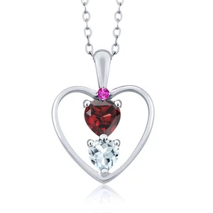925 Sterling Silver Garnet Aquamarine and Pink Sapphire Pendant Necklace For - Picture 1 of 3