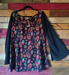Black Chiffon Banned Apparel Long Bell Sleeve Top Skull Heart Day Dead L/14 - Picture 1 of 8