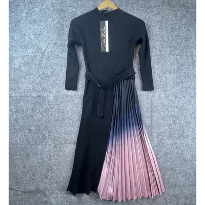 Dalia MacPhee Sweater Dress Medium Black Pink Asymmetrical Pleated Knit Belted - Image 1 of 4