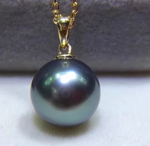 Genuine 12-13mm Round Black Tahitian Pearl pendant 18K solid yellow gold - Picture 1 of 5