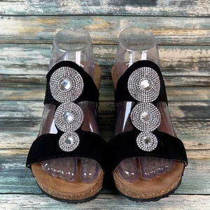 Spring Step Slide Sandals Womens 8.5/39 Black Suede Crystal Accents Wedge Heel - Picture 1 of 15