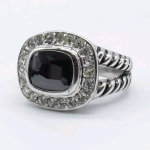 Black Onyx Unisex Ring Size 9.25 Rhinestone Pave Silver Tone Split Shank - Bild 1 von 18