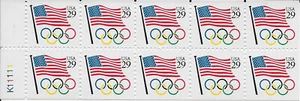 US Scott 2528, Flagge mit olympischen Ringen, 29 Cent, Booklet Page of 10, OG, NH - Bild 1 von 1