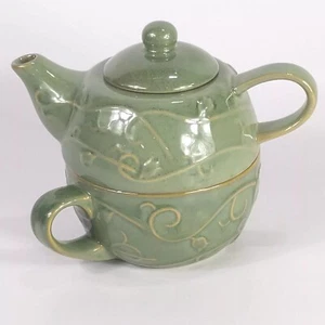 Pier 1 Imports Stoneware Tea For One Stackable Sage Green Teapot Cup & Lid - Picture 1 of 10