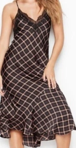 Vestido Victoria Secret Negro Rosa Maxi Largo Sin Mangas Cuadros Encaje Asimétrico M - Imagen 1 de 1
