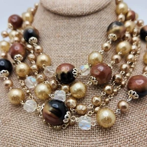Vtg Japan 5-Strand Necklace  Champagne Clear Variegated Brown Beads Gold Accents - Picture 1 of 11