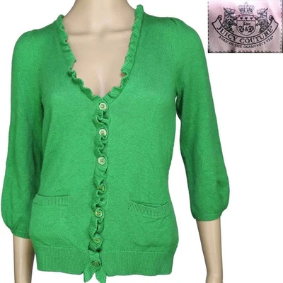 Y2K 90s Vintage Juicy Couture Wool Cashmere Blend Cardigan Sweater Ruffle Trim S - Image 1 of 4