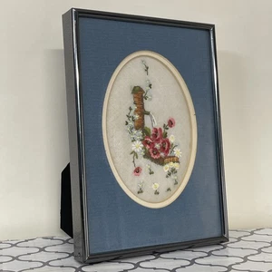Handmade Floral Embroidery Crewl Framed Water Spout Watering Flowers 5” X 7” - Picture 1 of 5