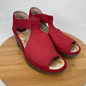 FLY LONDON Red Perforated Wedge Sandals Women's Size 37 Peep Toe Comfort Shoes - Picture 1 of 12
