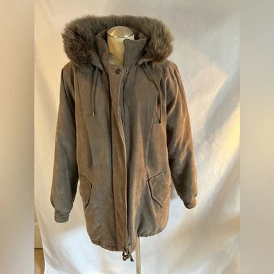 St. Johns Bay Taupe faux suede zip up, fox fur trim hooded, filled jacket size M - Image 1 of 4