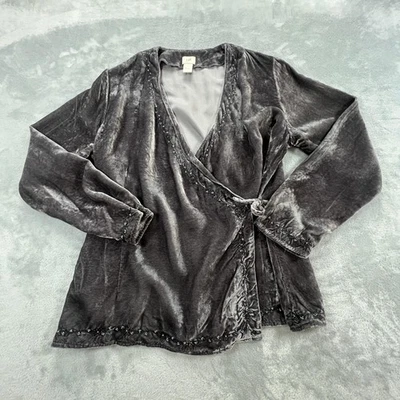 Blusa de veludo vintage J Jill tamanho 10 frisada capricho boho bordada cinza Y2K - Imagem 1 de 4