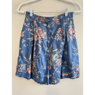 Pantalones Cortos Florales Vintage Lauren Ralph Lauren Talla 8 Pequeño Lino Cintura Alta Azul Foto 1 de 4