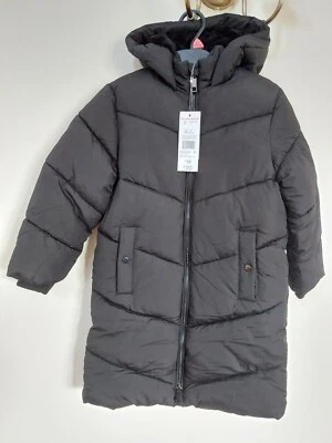 F&F Girls Age 6-7 Yrs Black Shower Resistant Hooded Puffer Coat with Storm Cuffs - Image 1 of 4