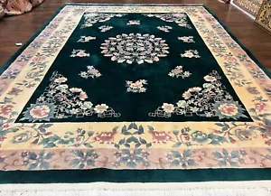 Chinese Art Deco Rug 9x12 Wool Handmade Vintage Carpet Dark Green Cream 90 Line - Picture 1 of 12