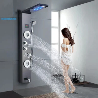 ELLO&ALLO Shower Panel Tower Massage System LED Rain Waterfall Shower Head Black Mixer Tap