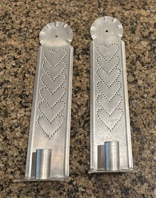 Set of 2 Punched Tin Candlestick Holders HEARTS Primitive Wall Mount Stand Alone - Image 1 of 4
