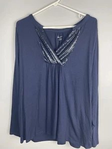 Lane Bryant Women Plus Size 22/24 Navy Blue Sequined Blouse Long Sleeves - Picture 1 of 5