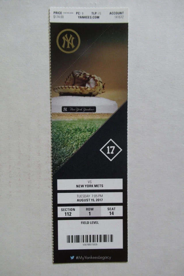 ПОЛНЫЙ БИЛЕТ NEW YORK YANKEES VS METS 8/15/2017 ~ ROSARIO/ELLSBURY/SANCHEZ+ HRs - Изображение 1 из 1