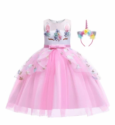 PRETTY PRINCESS Girls Unicorn Princess Dress Up &Headband Halloween Party Costume Cosplay Outfit