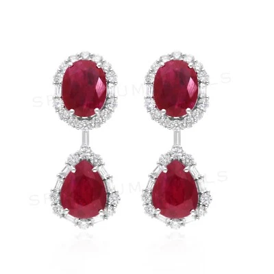 Ruby Gemstone H/SI Baguette Diamond Dangle Earrings Gift 18k White Gold 8.78 Tcw - Image 1 of 4