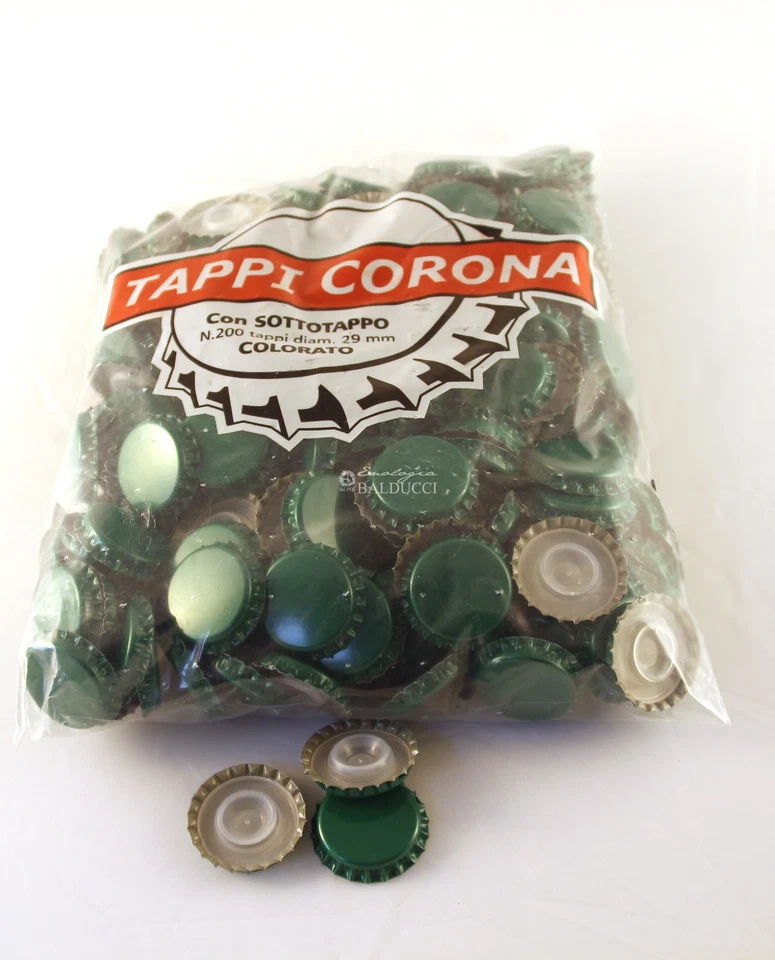- SENZA MARCA/GENERICO – N°200 TAPPI CORONA ⌀ 29 mm con bidul bassa - VERDE - per vino birra spumante