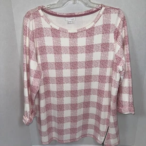 J. Jill kariertes kariertes Damen-Top mit Seitenreißverschluss Größe Large 3/4-Ärmel Baumwolle/Viskose - Bild 1 von 9