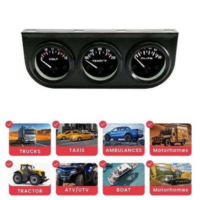 2 Inch 52MM Gauge Cluster Triple Mechanical Oil Pressure Water Temperature Fuel - Image 1 of 4