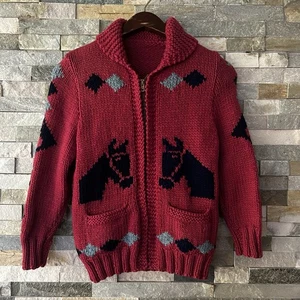 Vintage 50s 60s Mary Maxim Cowichan Equestrian Horse Sweater Cardigan Wool Small - Picture 1 of 6