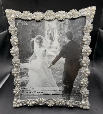 Marco de fotos de perlas 8x10 con cristal boda aniversario familiar tono plateado Foto 1 de 4