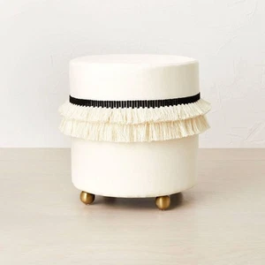 Opalhouse Jungalow Round Cotton Pouf Footrest Glam Metal Cream Black - Picture 1 of 5