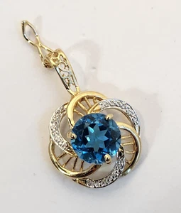 1980's 14K White & Yellow Gold Blue Topaz Hinged Bail Pendant w/ 16" 14k Chain - Picture 1 of 15