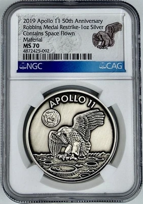 2019 Apollo 11 50th Anniversary Robbins Space Flown 1 oz Silver Medal NGC MS 70 - Image 1 of 2