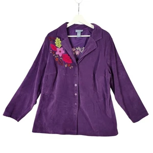 Liz & Me lila Blumen bestickt Knopf Blazer Jacke Damen 14/16 Kunstleder - Bild 1 von 10