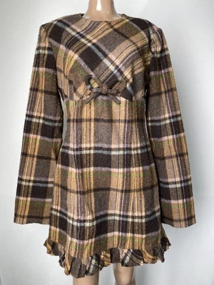 Acne Studios Womens Mini Dress Brown Size 8 Textured Wool Plaid Ruffle Hem - Image 1 of 4