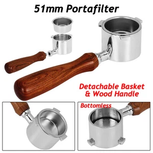 51mm Espresso Naked Bottomless Portafilter Wood Handle For Delonghi With Basket - Picture 1 of 11