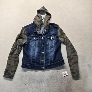 Denim Hooded Blue Denim Jeans Camo Sleeve Hoodie Youth Girls Size L Large - Picture 1 of 8