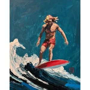 Original Impasto Surfer Gui Textured Wave Ocean Painting Canvas Wall Art 16x20" - Picture 1 of 2