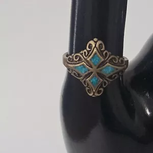 Anillo Antiguo Tono Dorado con Incrustación Turquesa Fundición en Desfile Talla 8 - Imagen 1 de 6