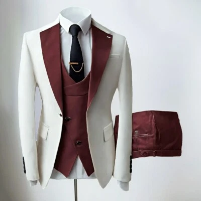 Business Men Suits 3pcs Slim Fit Single Breasted Formal Peak Lapel Spring Summer - Image 1 of 4