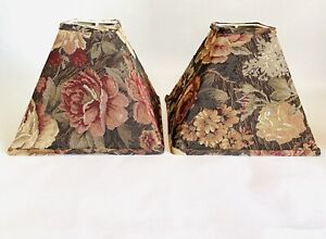 Set Of 2 Vintage Lamp Shades Tapered Square Floral Rose Burgundy Tapestry Style