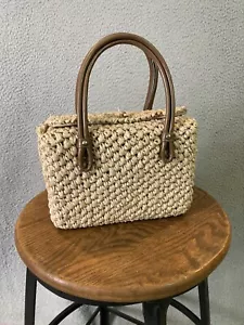 Vintage Mid Century Susan Wells Handbag Beige Chunky Raffia Straw Purse Japan - Picture 1 of 11