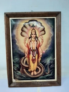 Antique Hindu God Vishnu On The Top Of Shesha Naag Lihto Print Framed 15.5 x 11' - Picture 1 of 6